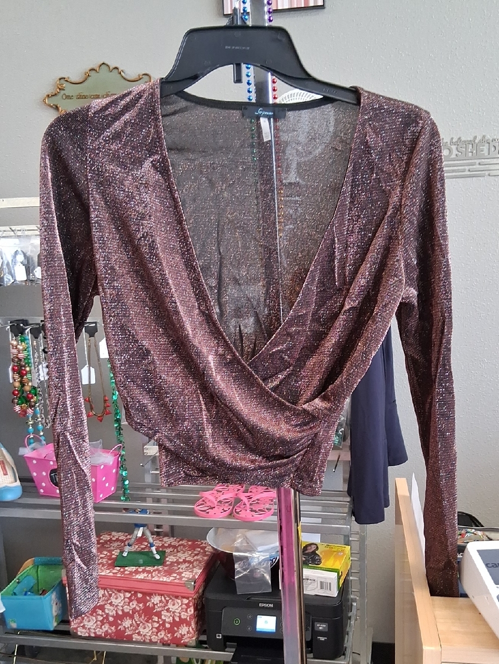Soprano Metallic Plum Wrap-Front Long Sleeve Top
